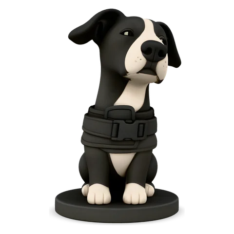 A figurine of a black and white dog in a harness