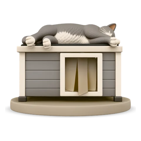 A figurine of a grey and white cat napping on top of its cat house