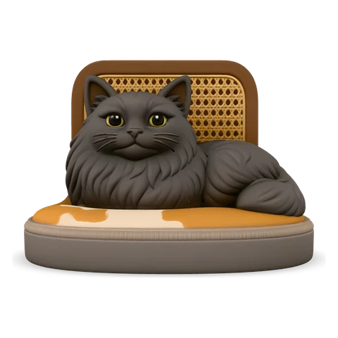 A figurine of a fluffy grey cat in its bed